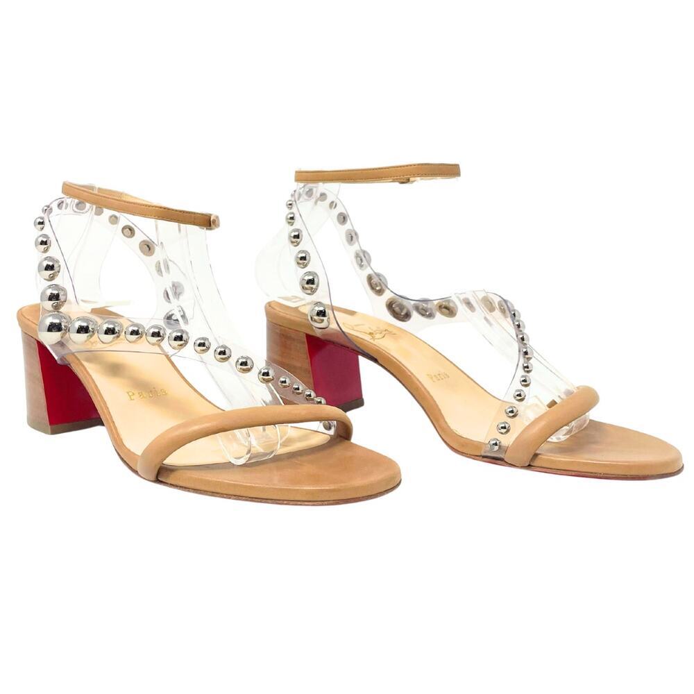NEW Christian Louboutin Shoes Heels Sandals Corinne 55 Beige Stud Nude 39.5 - Picture 2 of 9